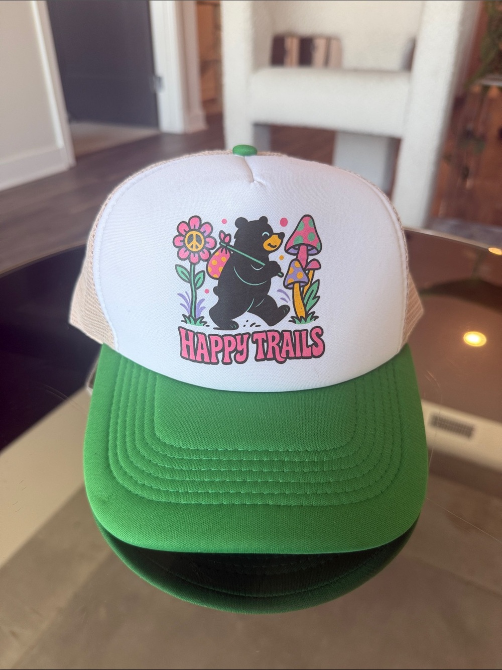 Bfresh Green and White 'Happy Trails' Trucker Hat with Bear Graphic